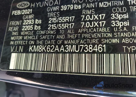 2021 Hyundai Kona Sel Plus z USA, uszkodzony, nr VIN KM8K62AA3MU738461